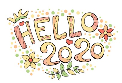 Modern funny lettering Hello 2020. Hand color drawing ornament l